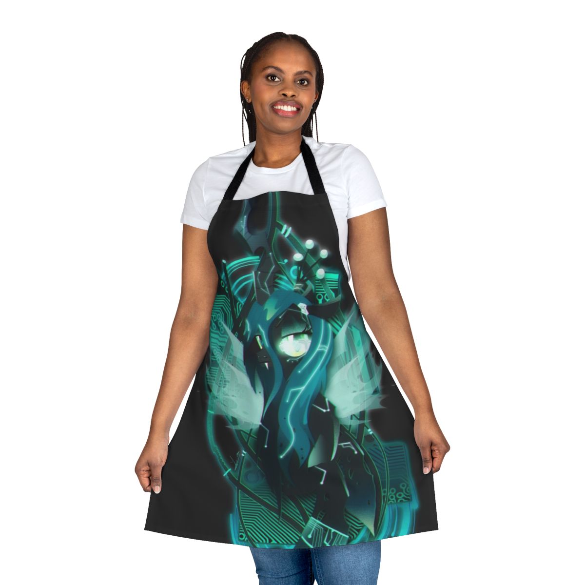 Dark synthwave cyberpunk-inspired apron featuring the changeling Queen Chrysalis from My Little Pony: Friendship is Magic