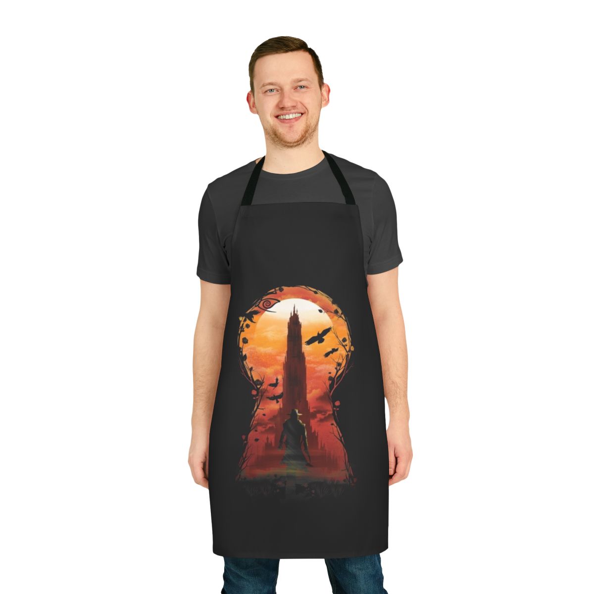 An apron featuring imagery and designs inspired by "The Dark Tower" by Stephen King