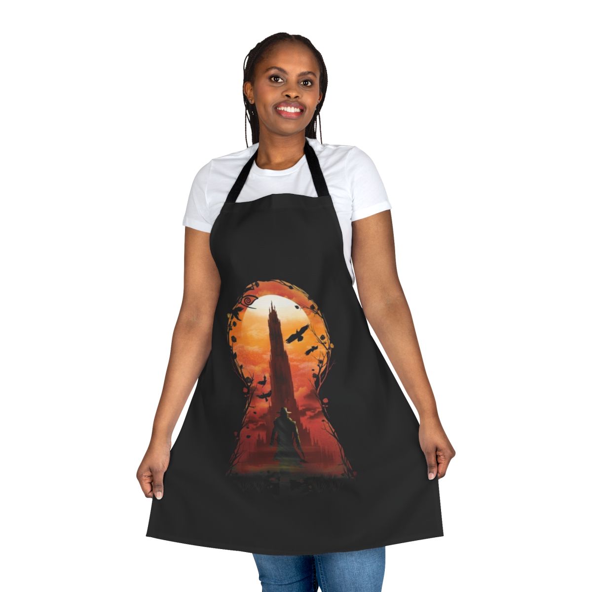 An apron featuring imagery and designs inspired by "The Dark Tower" by Stephen King