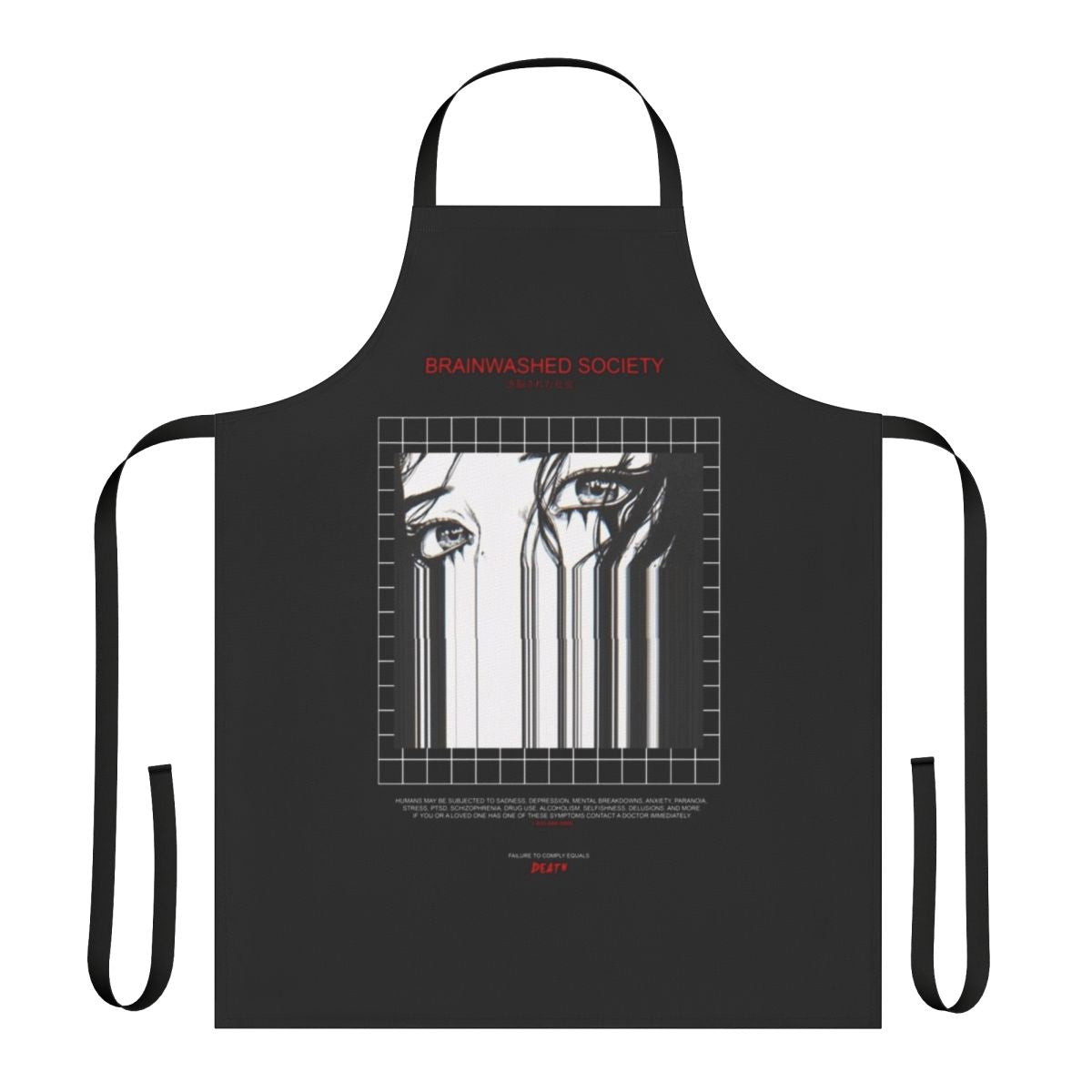 Dark and moody apron featuring a glitched, brainwashed society design