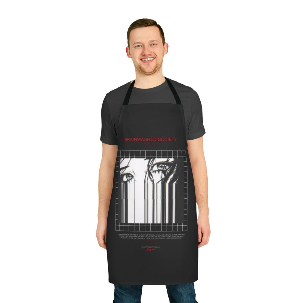Dark and moody apron featuring a glitched, brainwashed society design