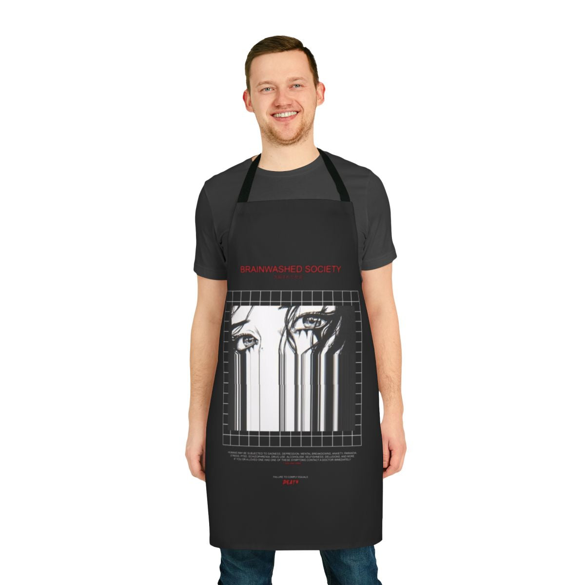 Dark and moody apron featuring a glitched, brainwashed society design