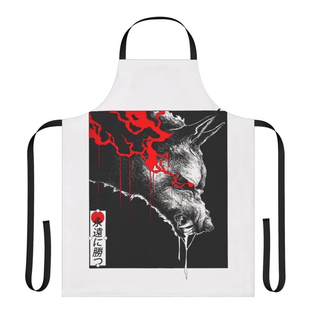 Dark vaporwave-inspired apron with wolf, Japanese, and futuristic cyberpunk design elements