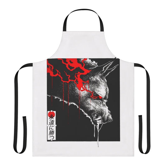 Dark vaporwave-inspired apron with wolf, Japanese, and futuristic cyberpunk design elements
