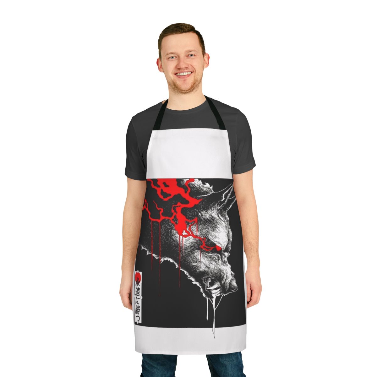 Dark vaporwave-inspired apron with wolf, Japanese, and futuristic cyberpunk design elements