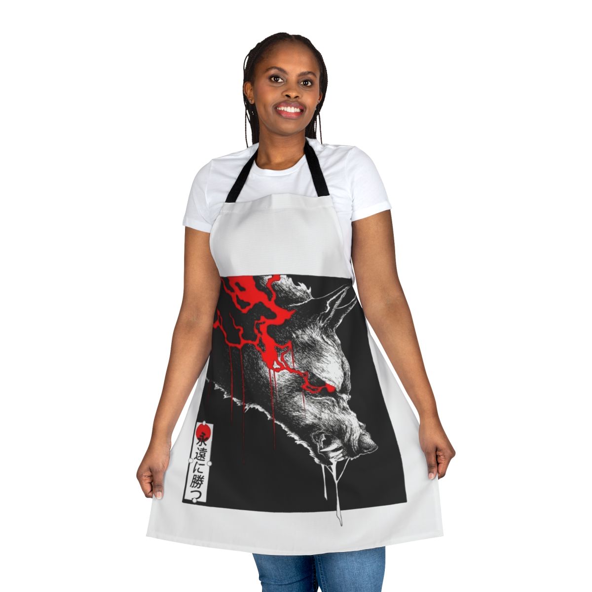 Dark vaporwave-inspired apron with wolf, Japanese, and futuristic cyberpunk design elements