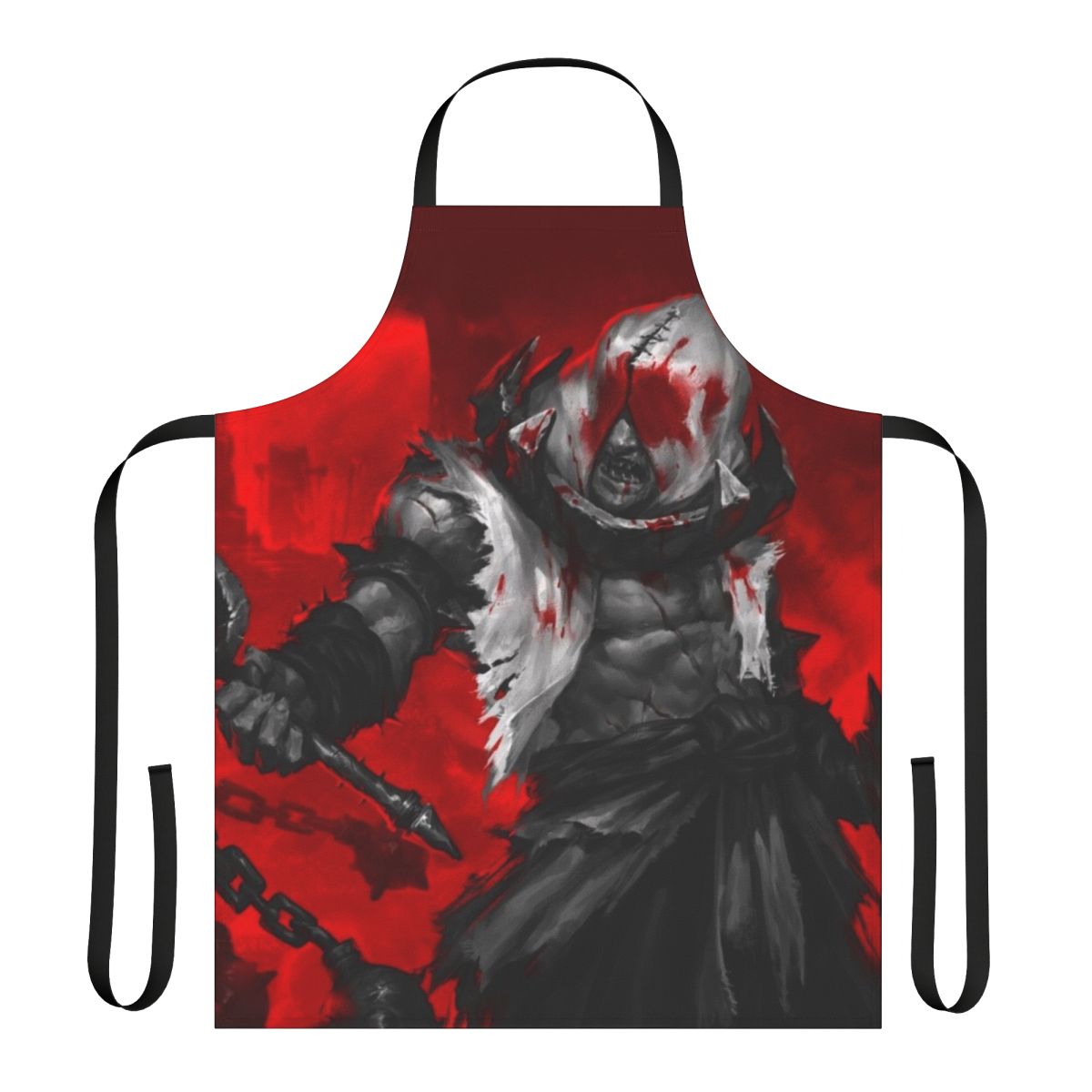 A dark and ominous apron inspired by the world of Darkest Dungeon, featuring a grim and lovecraftian design.