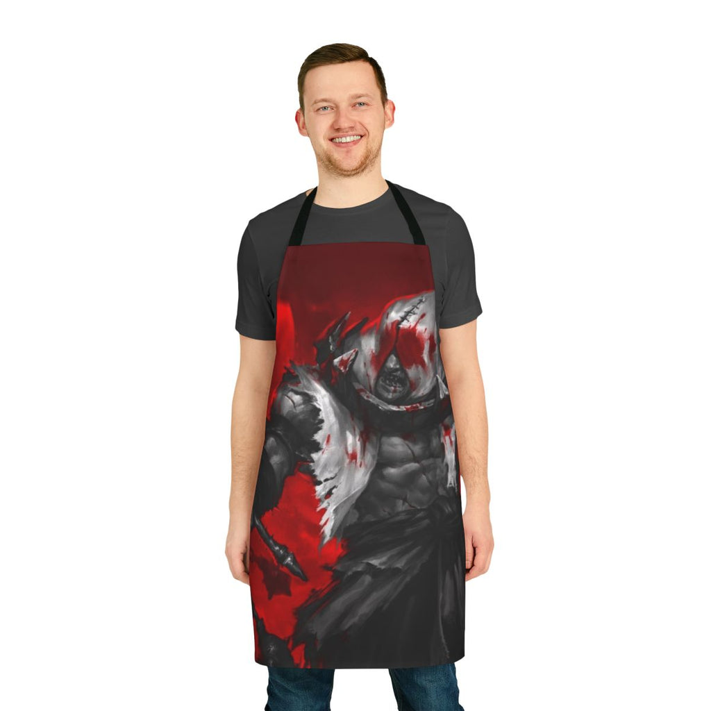 A dark and ominous apron inspired by the world of Darkest Dungeon, featuring a grim and lovecraftian design.