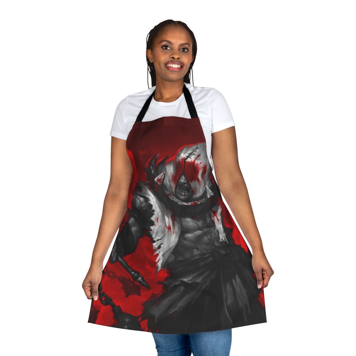 A dark and ominous apron inspired by the world of Darkest Dungeon, featuring a grim and lovecraftian design.