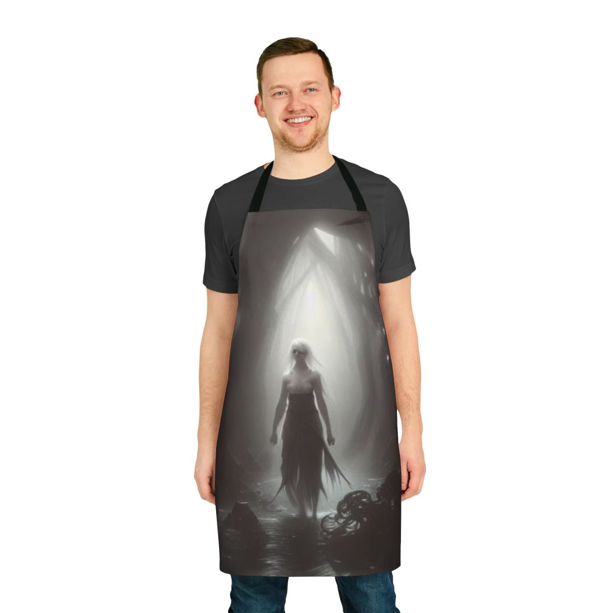 Darkly alluring fantasy apron featuring a tattered rag design and otherworldly elements.