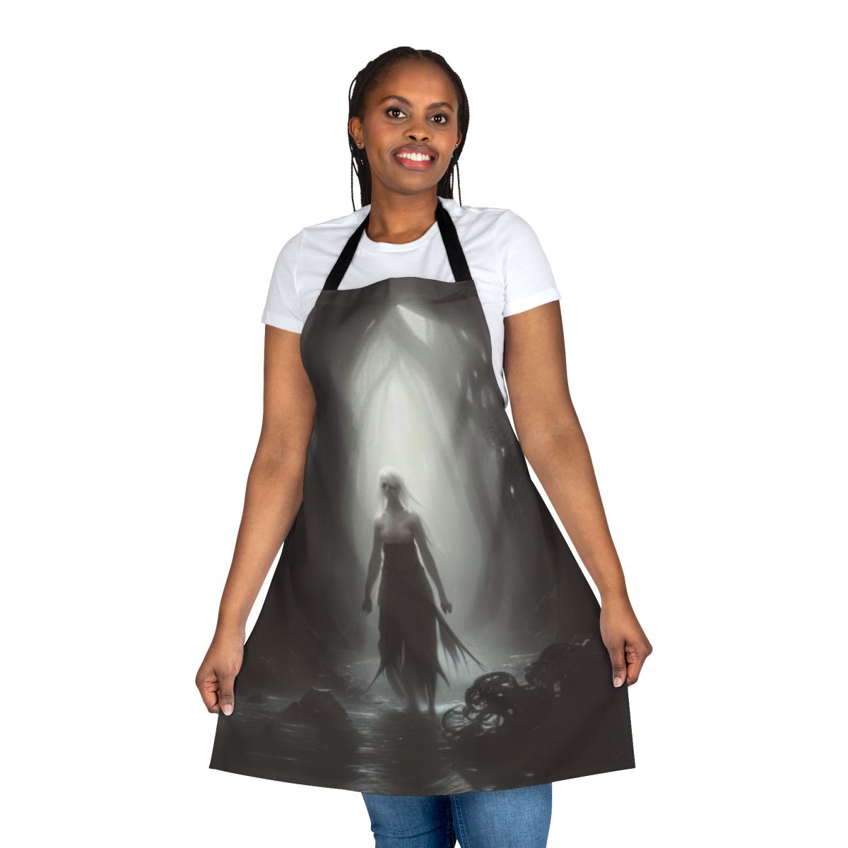 Darkly alluring fantasy apron featuring a tattered rag design and otherworldly elements.