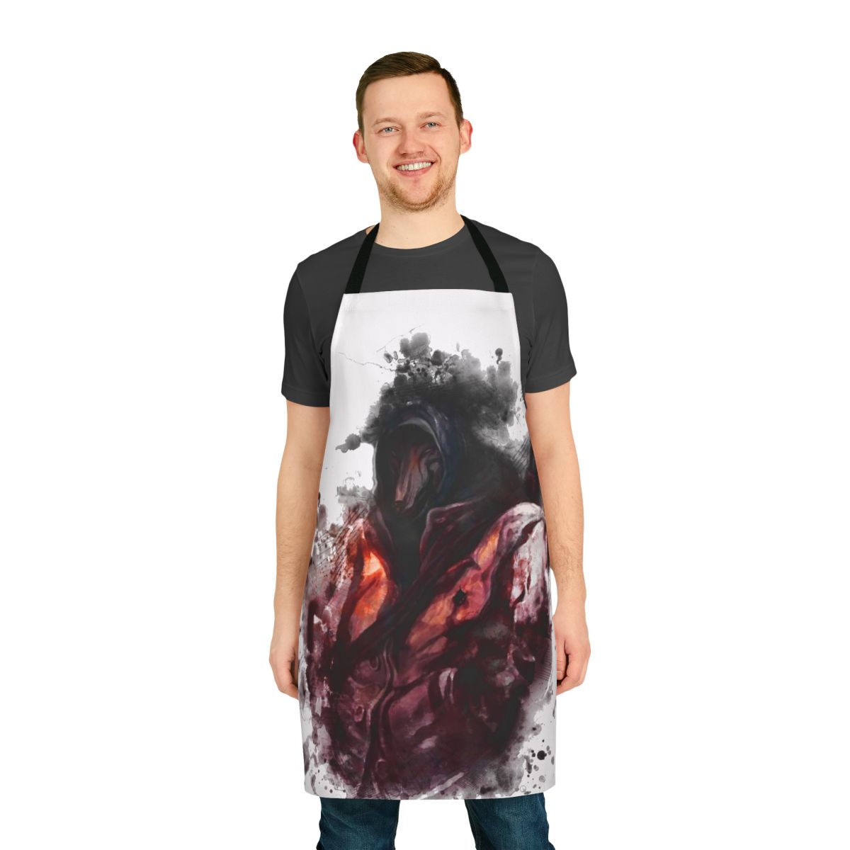 Darkwood-themed apron with horror imagery and weapon silhouettes