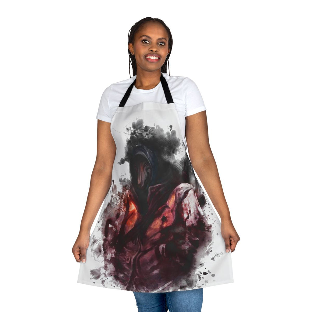 Darkwood-themed apron with horror imagery and weapon silhouettes
