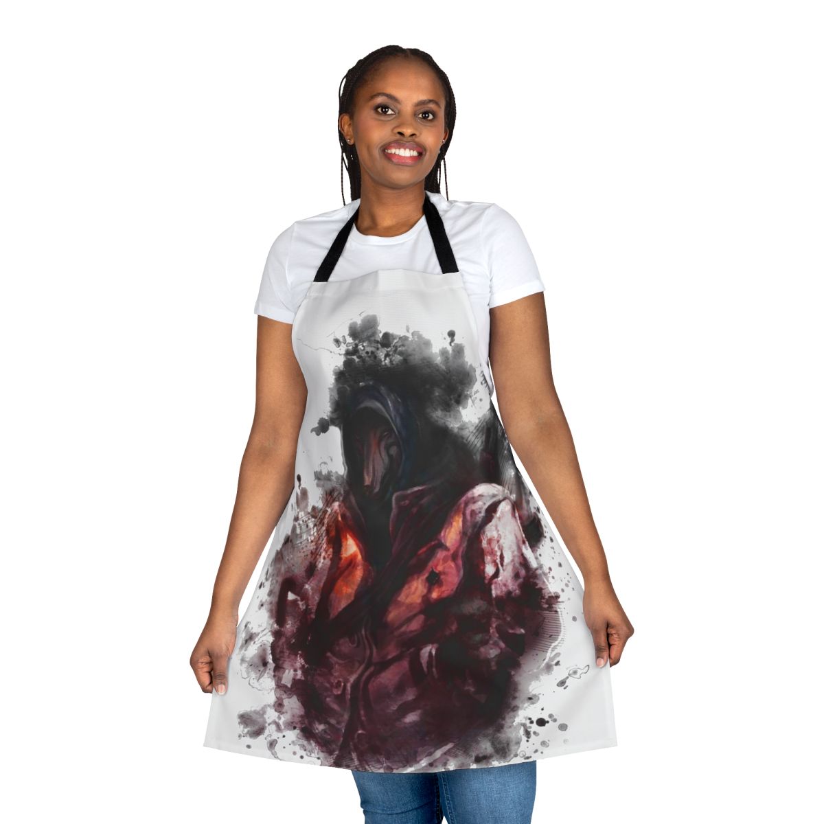 Darkwood-themed apron with horror imagery and weapon silhouettes