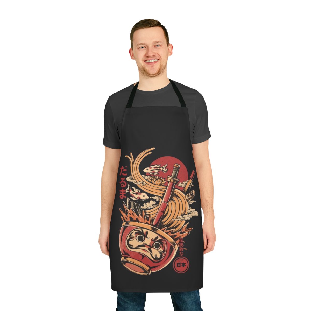 Daruma Ramen Apron featuring traditional Japanese art and design