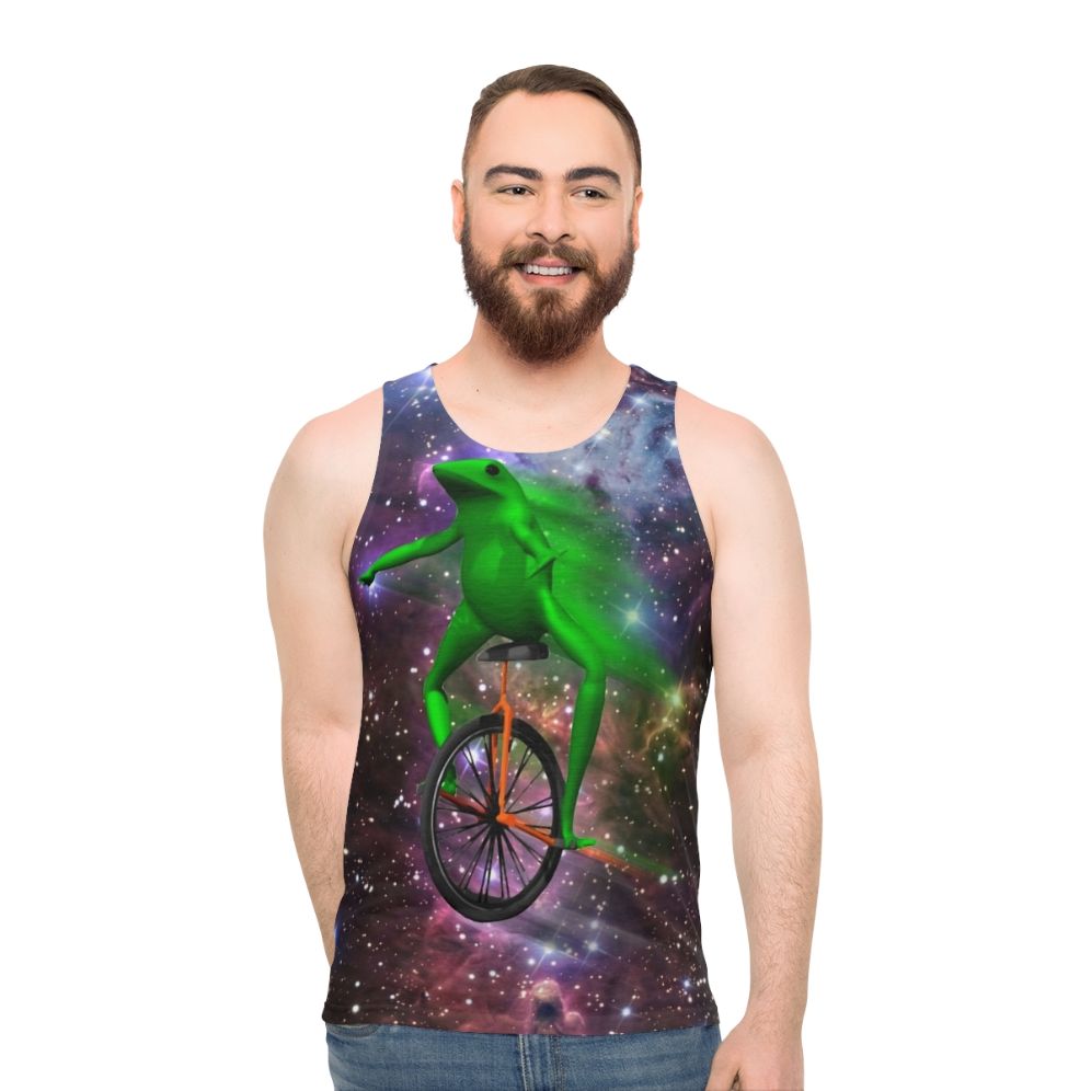 Dat Boi Meme Unisex Tank Top featuring a frog astronaut in outer space