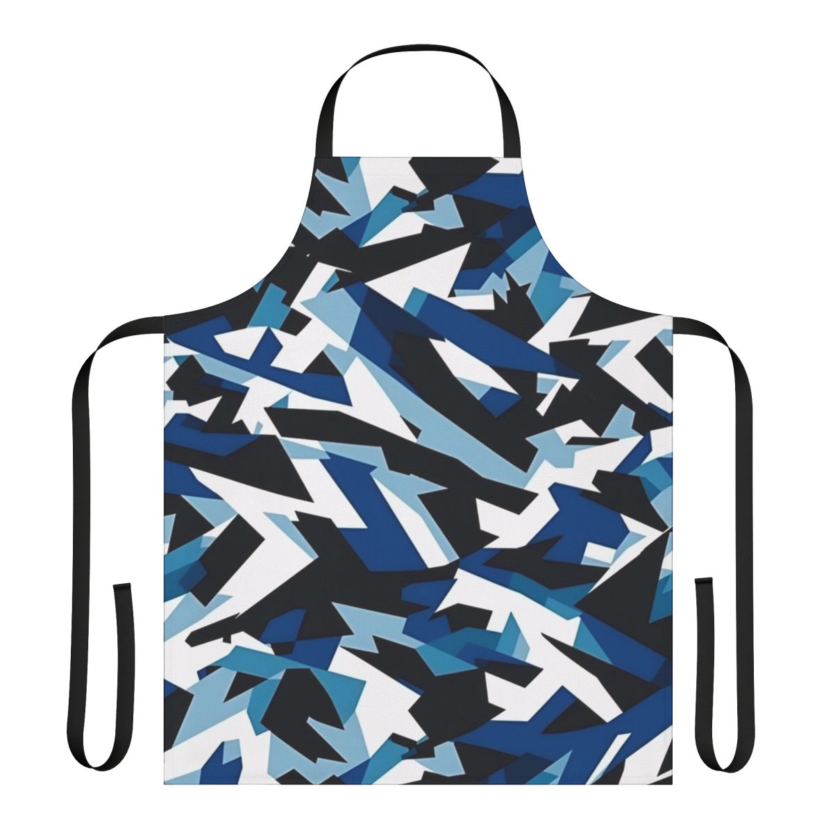 A navy blue apron with a dazzle camouflage pattern, a military-inspired kitchen accessory.
