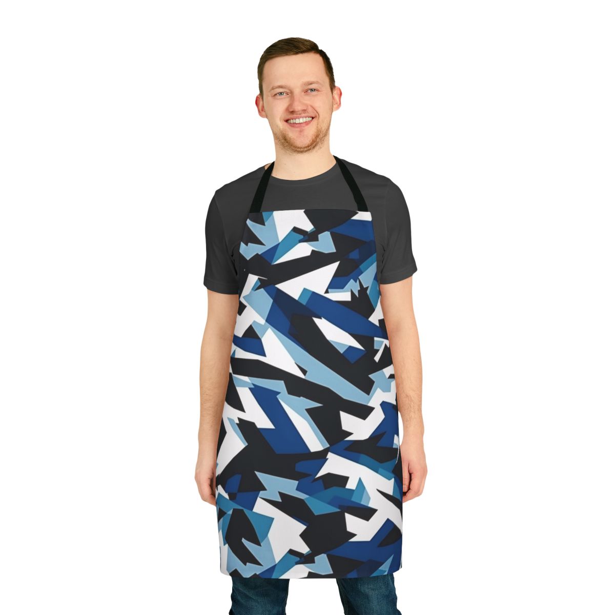 A navy blue apron with a dazzle camouflage pattern, a military-inspired kitchen accessory.