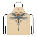 Model wearing a black apron with a detailed dragonfly tattoo design