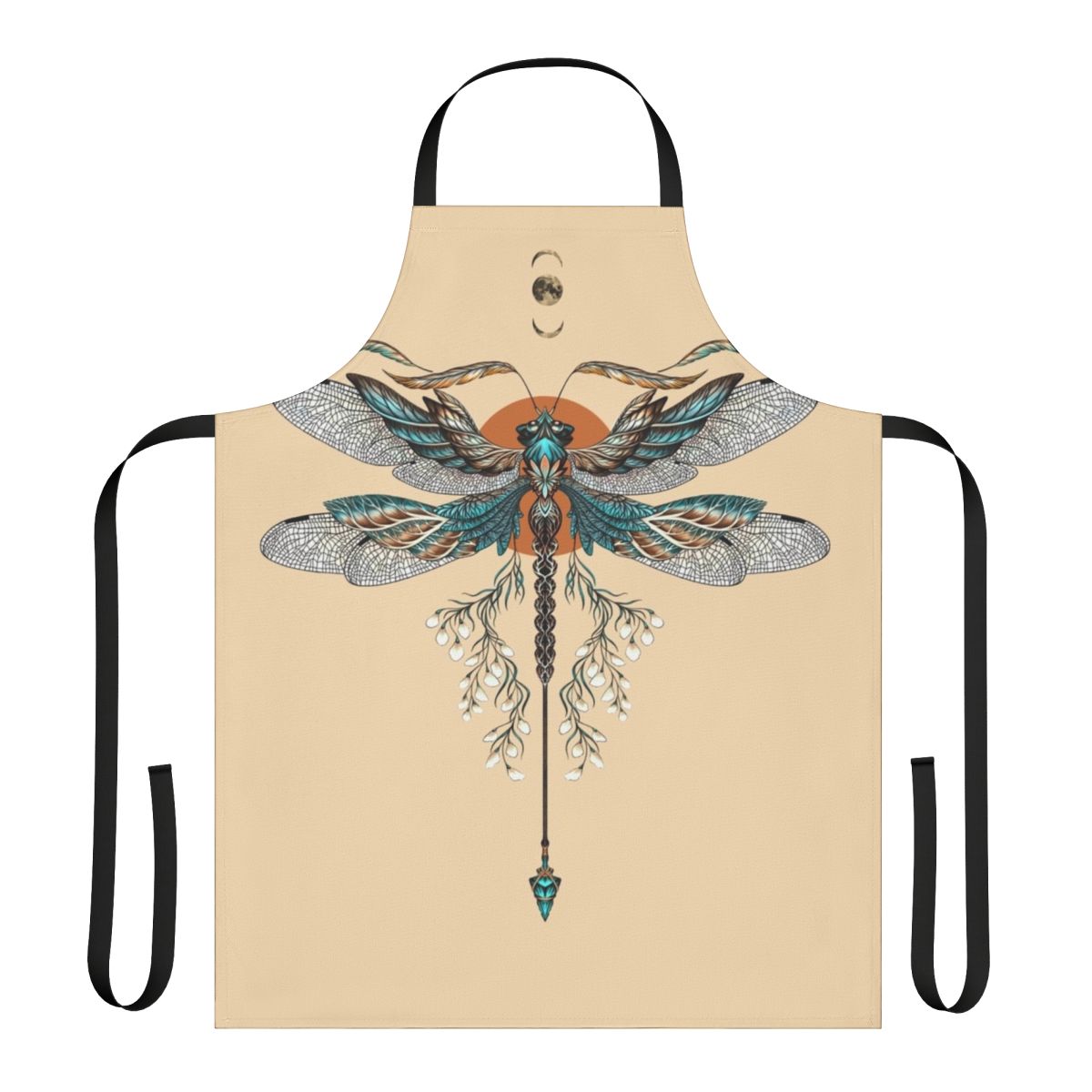 Model wearing a black apron with a detailed dragonfly tattoo design