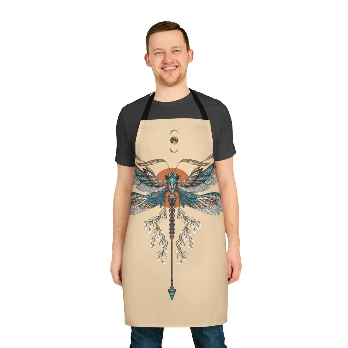 Model wearing a black apron with a detailed dragonfly tattoo design