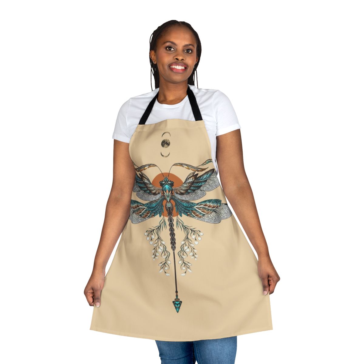 Model wearing a black apron with a detailed dragonfly tattoo design