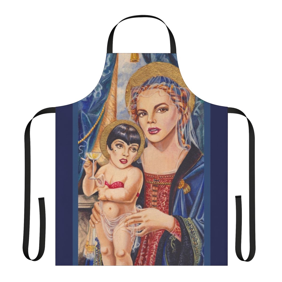 Stylized apron featuring iconic images of Judy Garland and Liza Minnelli, Broadway and Hollywood legends