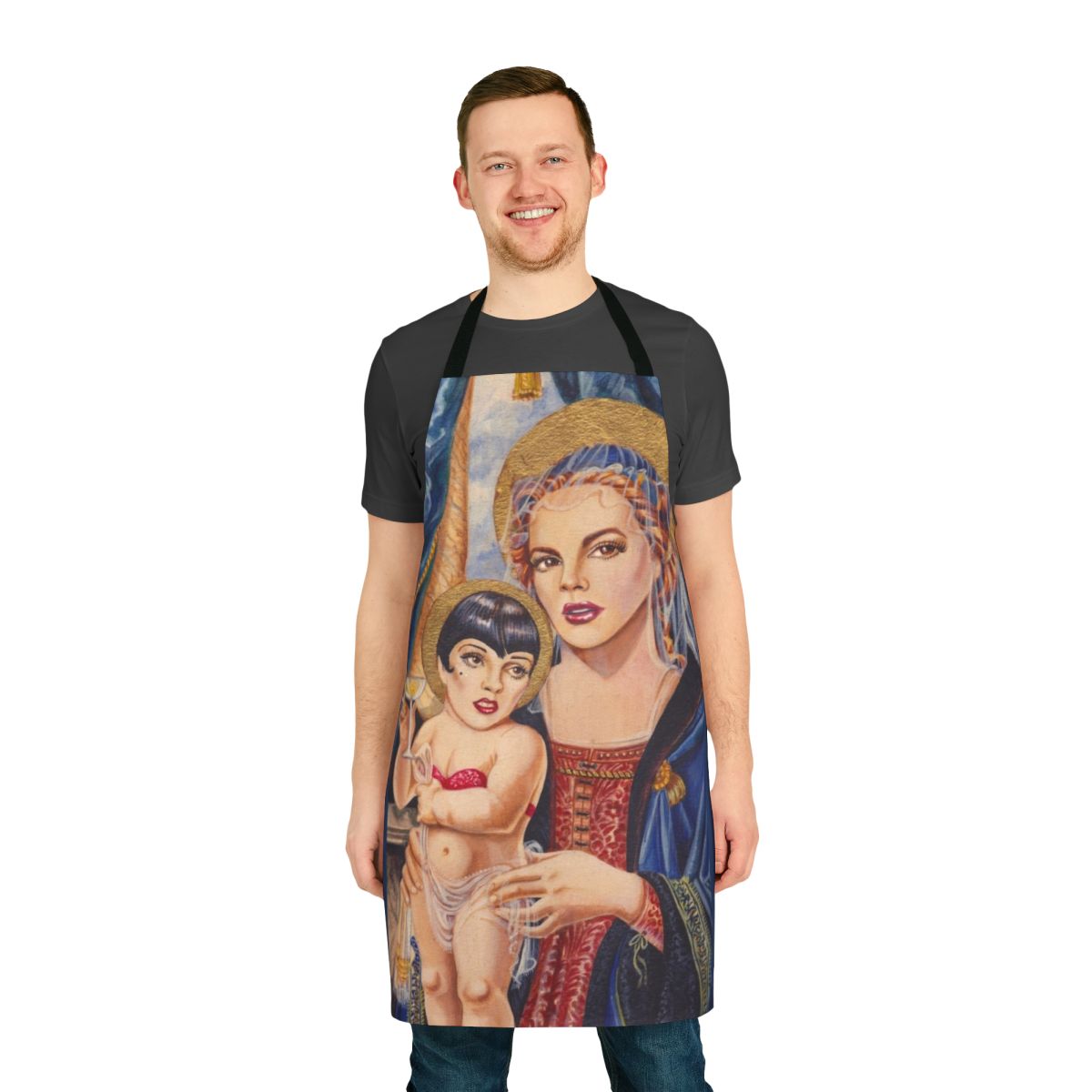 Stylized apron featuring iconic images of Judy Garland and Liza Minnelli, Broadway and Hollywood legends