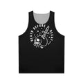 Unisex tank top with "Death Before Decaf" design and coffee-themed graphics