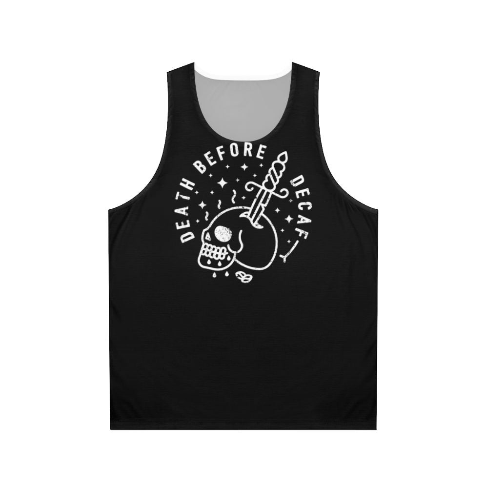 Unisex tank top with "Death Before Decaf" design and coffee-themed graphics
