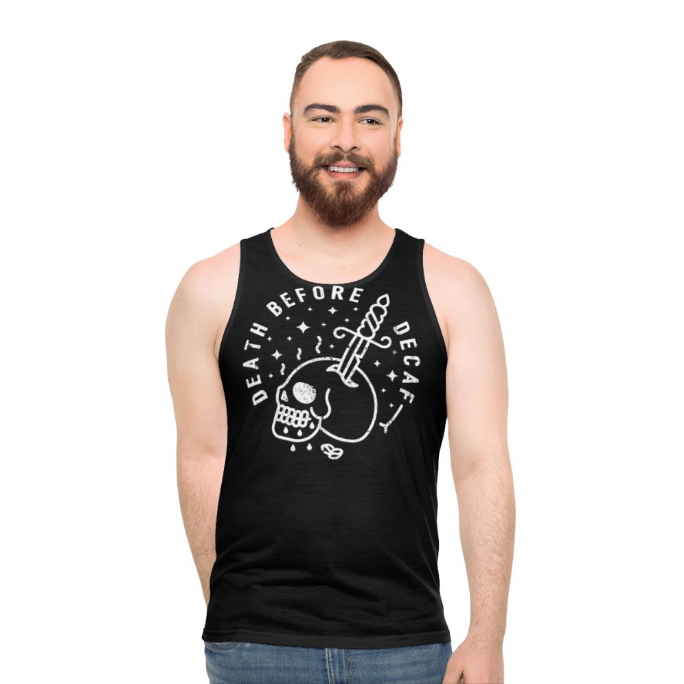 Unisex tank top with "Death Before Decaf" design and coffee-themed graphics