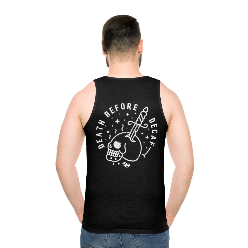 Unisex tank top with "Death Before Decaf" design and coffee-themed graphics