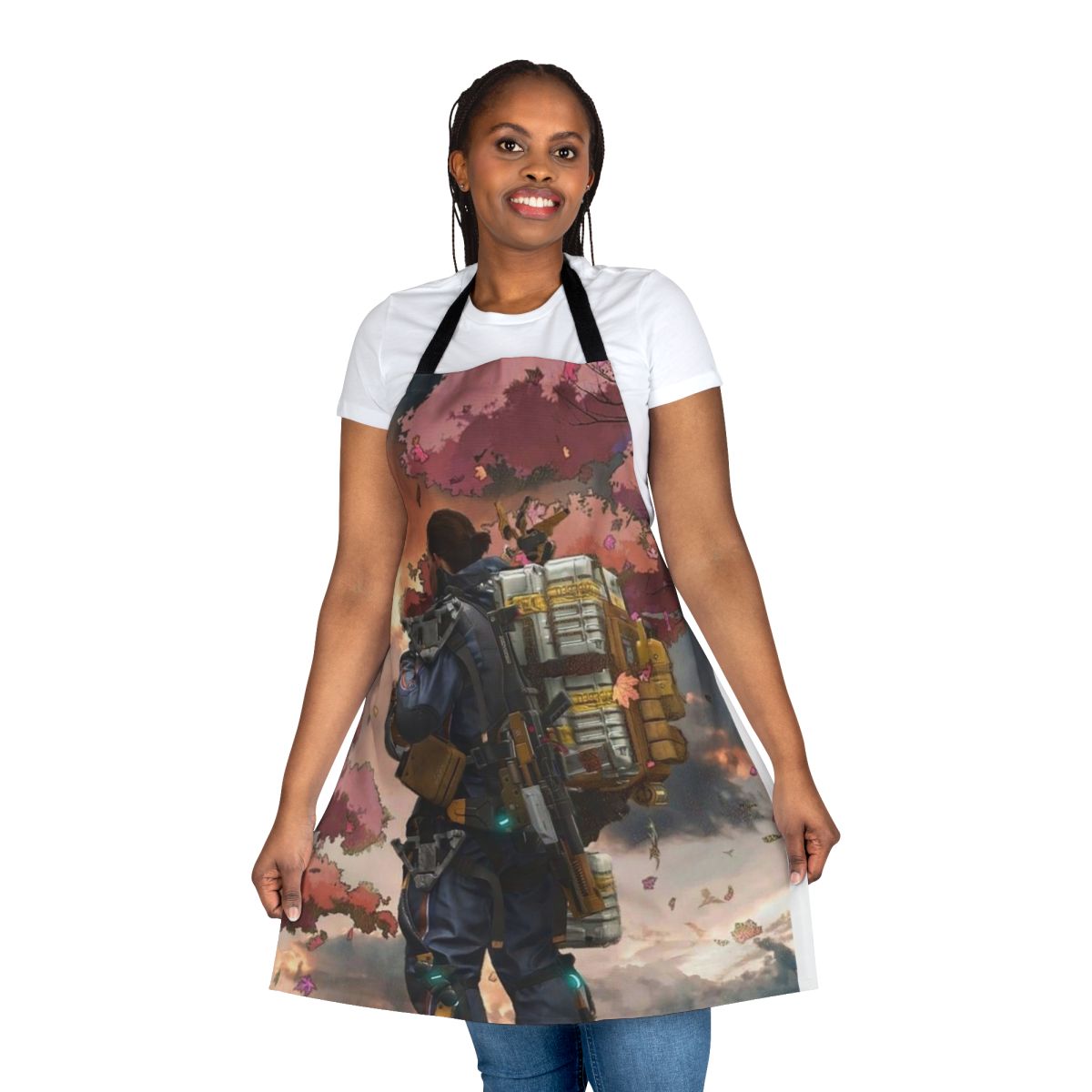 Death Stranding inspired gamer apron with pink flowers