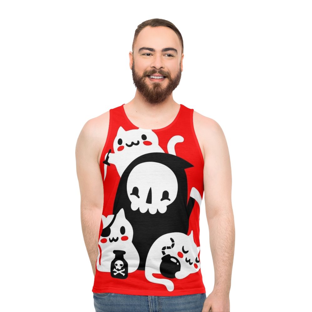 Unisex tank top with a graphic design featuring cats, skulls, and the Grim Reaper