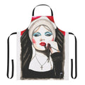 Watercolor portrait of Debbie Harry wearing a nun's habit on a colorful kitchen apron for music fans and Blondie enthusiasts