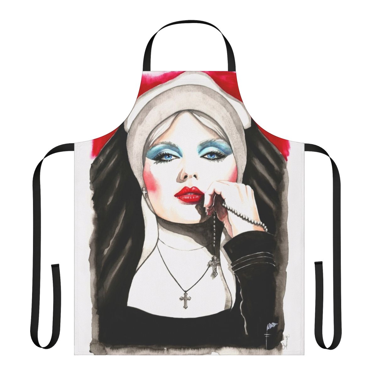 Watercolor portrait of Debbie Harry wearing a nun's habit on a colorful kitchen apron for music fans and Blondie enthusiasts