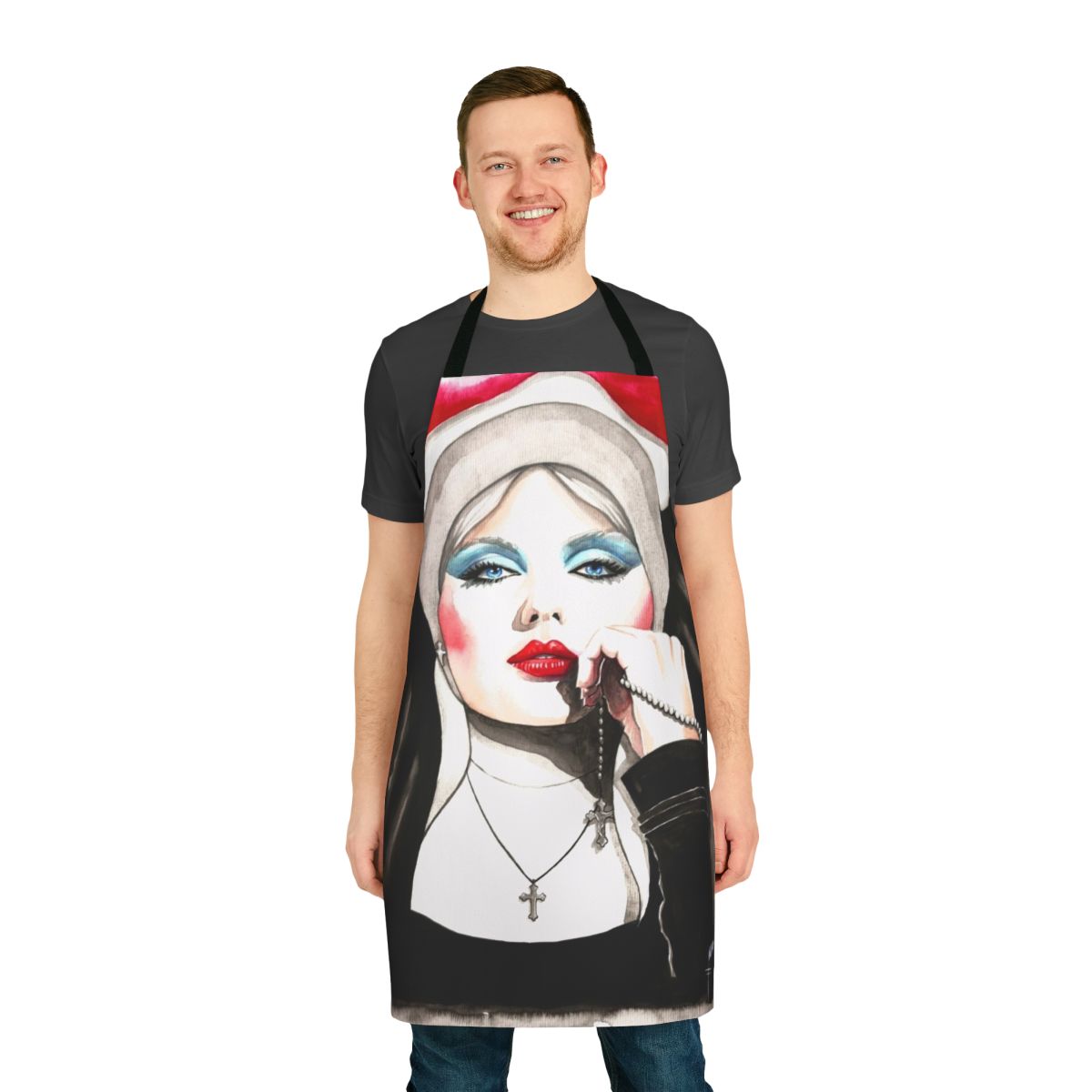 Watercolor portrait of Debbie Harry wearing a nun's habit on a colorful kitchen apron for music fans and Blondie enthusiasts