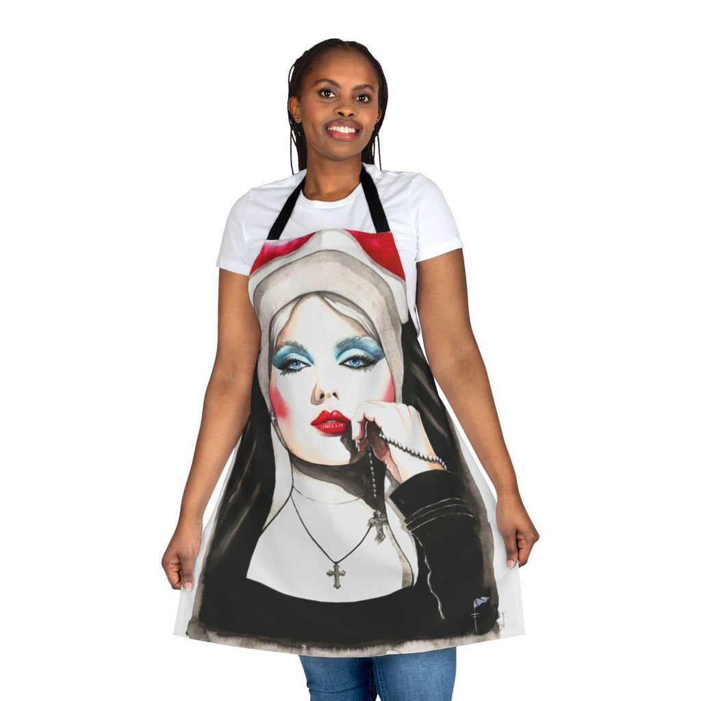 Watercolor portrait of Debbie Harry wearing a nun's habit on a colorful kitchen apron for music fans and Blondie enthusiasts