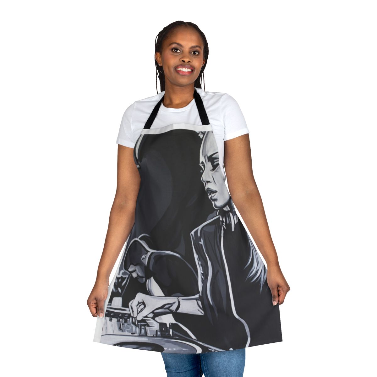 Deborah De Luca-inspired apron featuring electronic music and DJ design