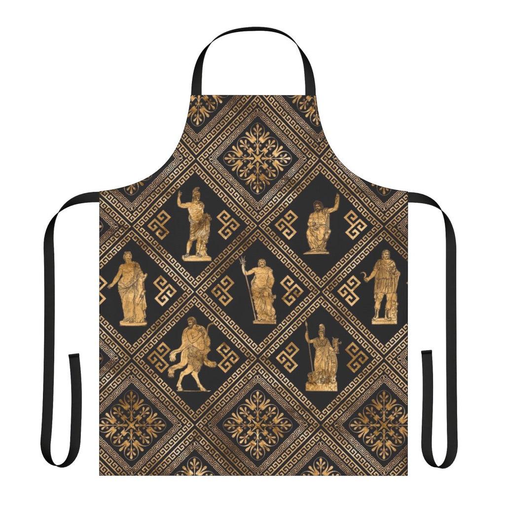 Apron featuring illustrations of Greek gods and goddesses with a traditional meander pattern in black and gold