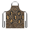 Apron featuring illustrations of Greek gods and goddesses with a traditional meander pattern in black and gold