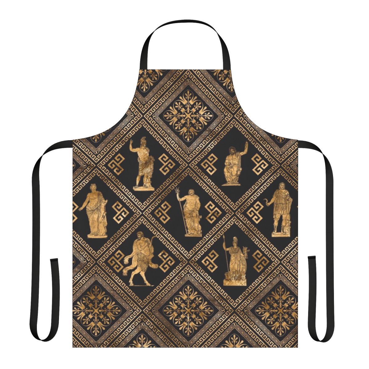 Apron featuring illustrations of Greek gods and goddesses with a traditional meander pattern in black and gold