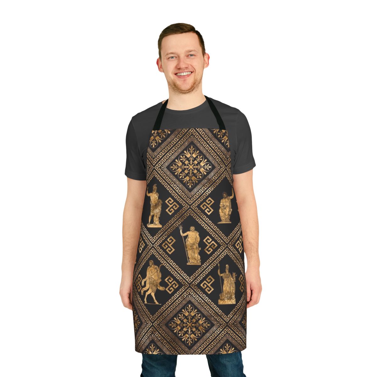 Apron featuring illustrations of Greek gods and goddesses with a traditional meander pattern in black and gold