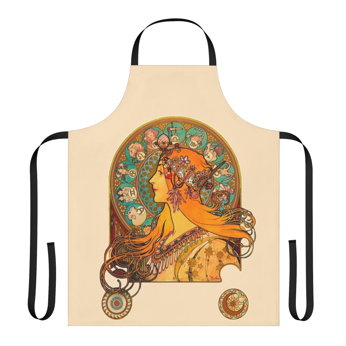 Colorful art nouveau style apron featuring zodiac signs and ornamental designs reminiscent of Alphonse Mucha's work