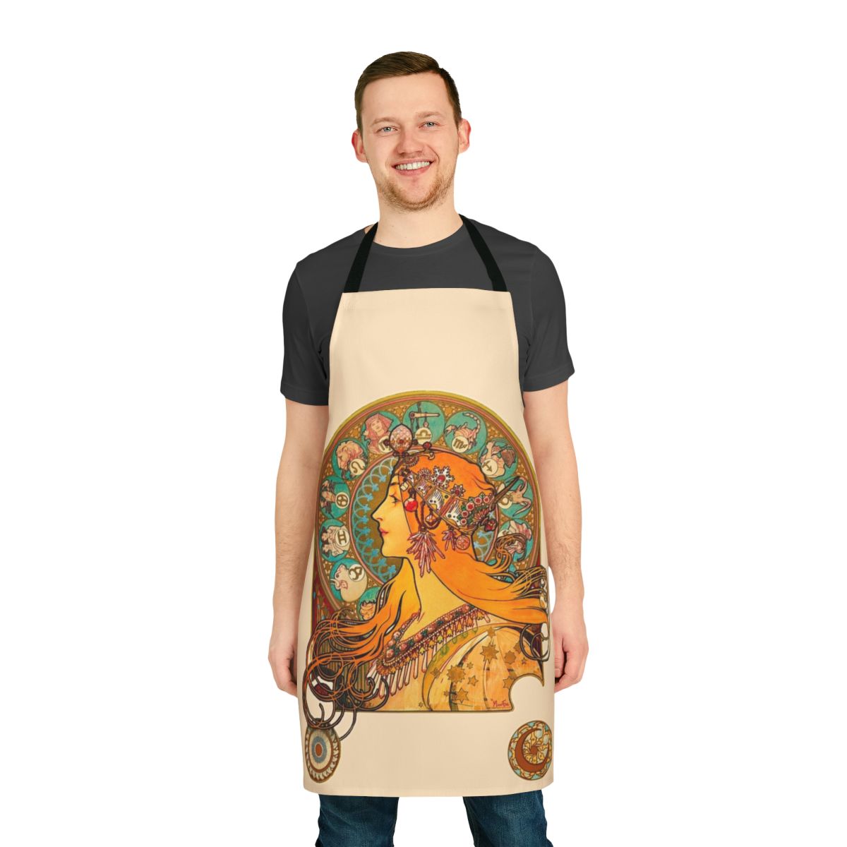 Colorful art nouveau style apron featuring zodiac signs and ornamental designs reminiscent of Alphonse Mucha's work