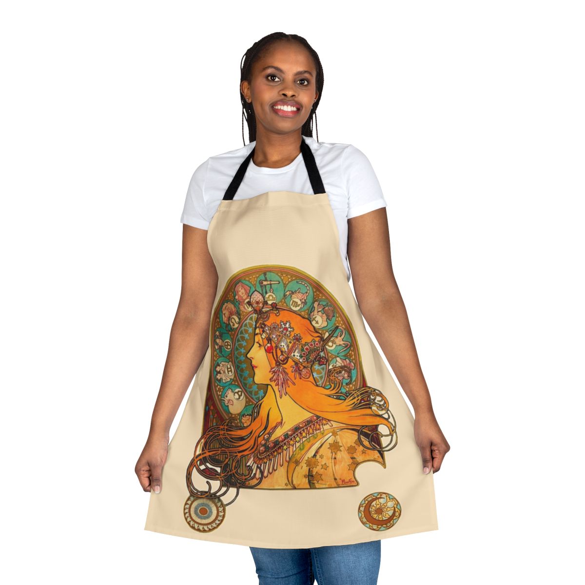 Colorful art nouveau style apron featuring zodiac signs and ornamental designs reminiscent of Alphonse Mucha's work