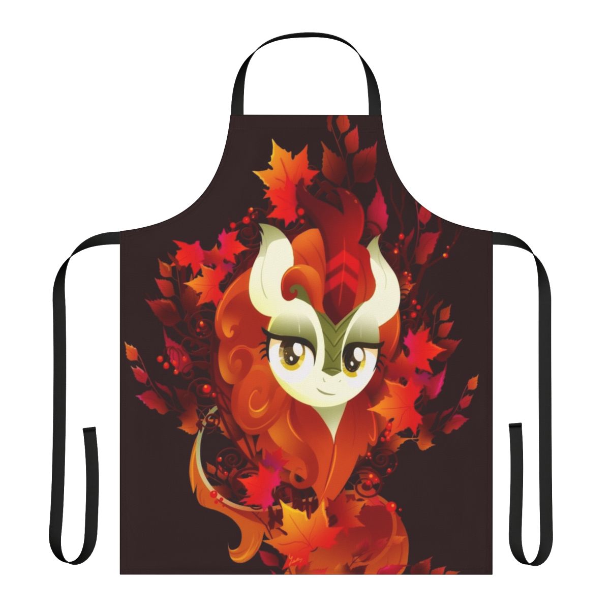 Decorative autumn-themed apron with a pony-inspired design featuring leaves and the autumn blaze color palette.