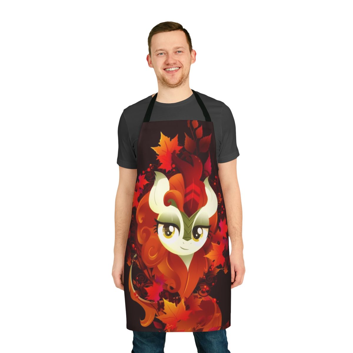 Decorative autumn-themed apron with a pony-inspired design featuring leaves and the autumn blaze color palette.