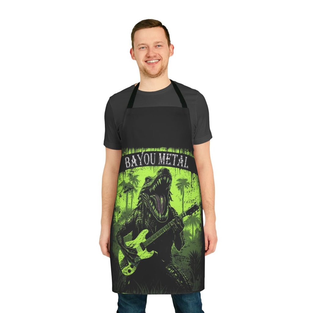 Decorative apron featuring a metal alligator design, inspired by the Louisiana bayou