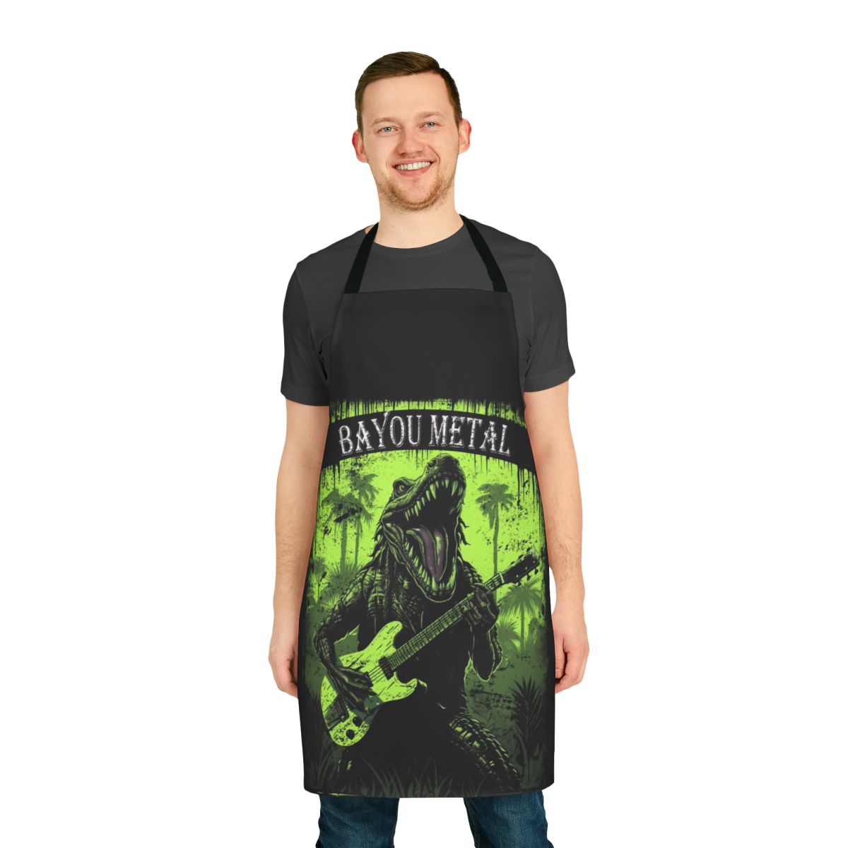 Decorative apron featuring a metal alligator design, inspired by the Louisiana bayou
